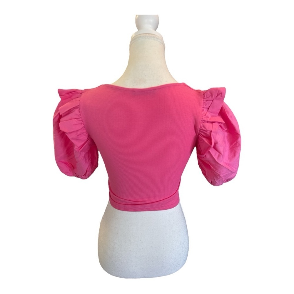 ZARA Pink Puff Balloon Sleeve Ribbed Crop Top Sz S Ruffle Feminine - Picture 9 of 12